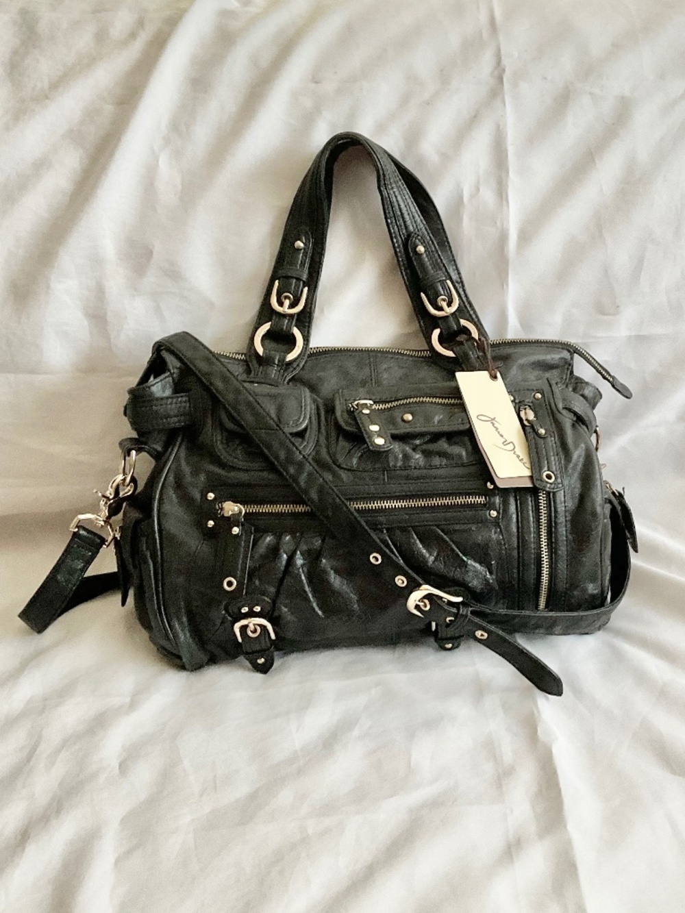 Gorgeous Junior Drake Black Lamb Leather Satchel Shoulder Bag Large NEW